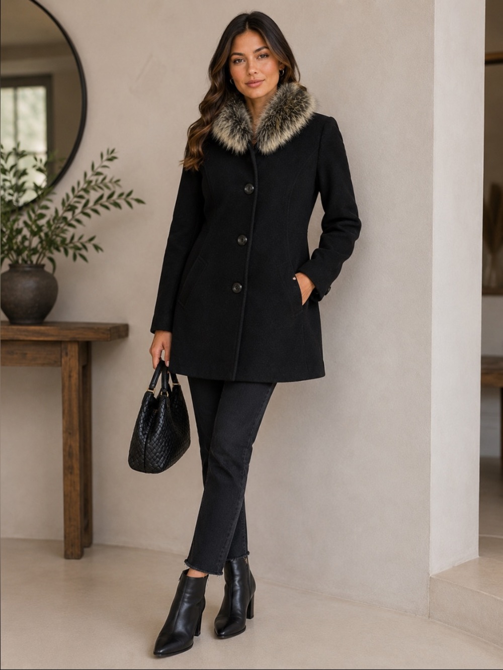 SACHI Charcoal Wool Pea Coat with real fox Fur Trim